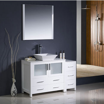 Fresca Torino 48" White Modern Bathroom Vanity with Side Cabinet and Vessel Sink, Dimensions of Vanity: 47-1/2" W x 18-1/8" D x 35-5/8" H