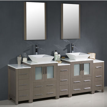 Fresca Torino 84" Gray Oak Modern Double Sink Bathroom Vanity with 3 Side Cabinets and Vessel Sinks, Dimensions of Vanity: 84" W x 18-1/8" D x 35-5/8" H