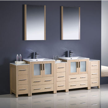 Fresca Torino 84" Light Oak Modern Double Sink Bathroom Vanity with 3 Side Cabinets and Integrated Sinks, Dimensions of Vanity: 84" W x 18-1/8" D x 33-3/4" H
