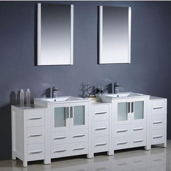 Fresca Torino 84" White Modern Double Sink Bathroom Vanity with 3 Side Cabinets and Integrated Sinks, Dimensions of Vanity: 84" W x 18-1/8" D x 33-3/4" H