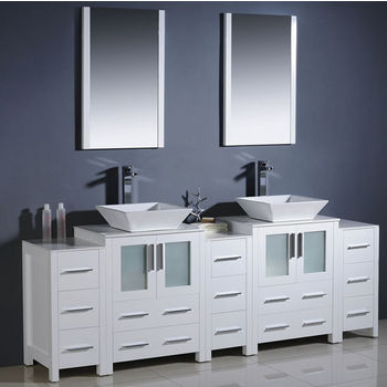 Fresca Torino 84" White Modern Double Sink Bathroom Vanity with 3 Side Cabinets and Vessel Sinks, Dimensions of Vanity: 84" W x 18-1/8" D x 35-5/8" H