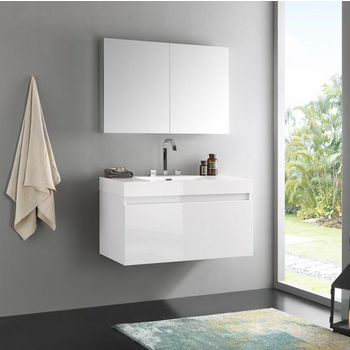 Fresca Mezzo 39" White Modern Bathroom Vanity with Medicine Cabinet, Dimensions of Vanity: 39" W x 18-5/8" D x 21-1/2" H