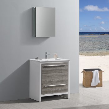 Fresca Allier Rio 30" Ash Gray Modern Bathroom Vanity w/ Medicine Cabinet, Vanity Base: 29-1/2" W x 18-1/2" D x 33-1/2" H, Medicine Cabinet: 19-1/2" W x 5" D x 26" H