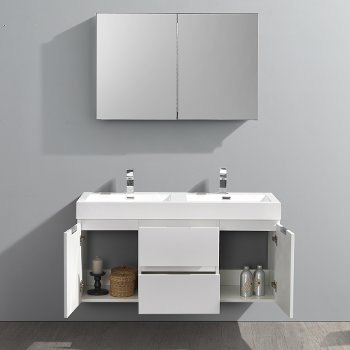48" Glossy White Double Sink Opened Front View