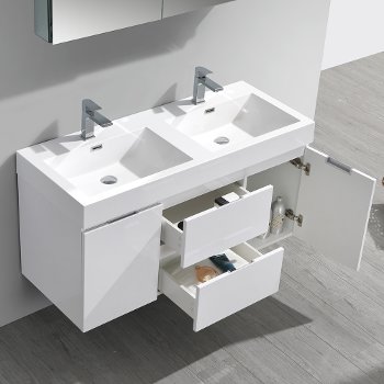48" Glossy White Double Sink Overhead Opened View
