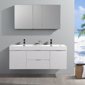 60" Glossy White Double Sink Front View