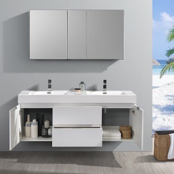 60" Glossy White Double Sink Opened Front View