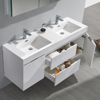60" Glossy White Double Sink Overhead Opened View