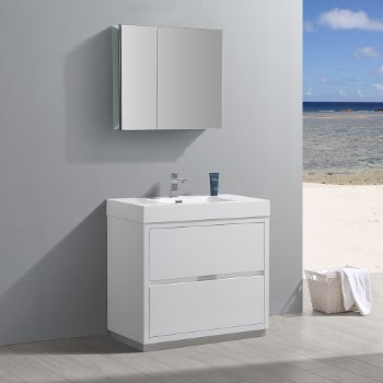 Fresca Valencia 36" Glossy White Free Standing Modern Bathroom Vanity w/ Medicine Cabinet, Vanity Base: 36" W x 19" D x 34" H, Medicine Cabinet: 29-1/2" W x 5" D x 26" H