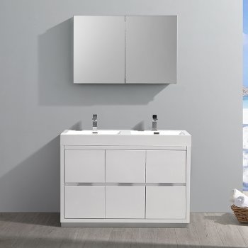 48" Glossy White Double Sink Front View