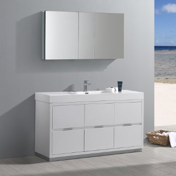 Fresca Valencia 60" Glossy White Free Standing Modern Bathroom Vanity w/ Medicine Cabinet, Vanity Base: 60" W x 19" D x 34" H, Medicine Cabinet: 49" W x 5" D x 26" H