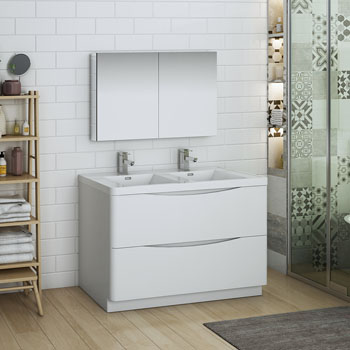  Glossy White Double Full Vanity Set Side View