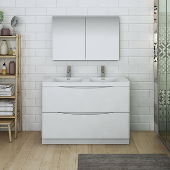  Glossy White Double Full Vanity Set Front View
