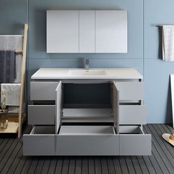 Gray Vanity Set Drawers and Cabinet Open