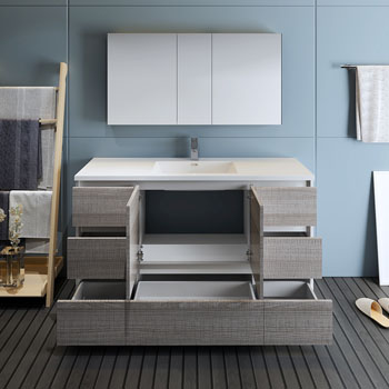 Glossy Ash Gray Vanity Set Drawers and Cabinet Open