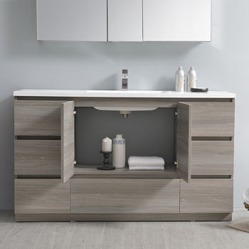 Gray Wood Vanity Set Cabinet Open