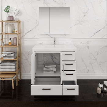 Right Glossy White Full Vanity Set Drawers/Cabinet Open