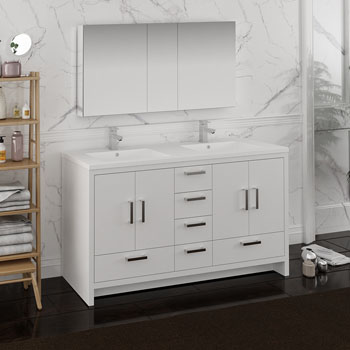 Glossy White Double Full Vanity Set Side View
