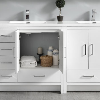 Glossy White Full Vanity Set Cabinets Open