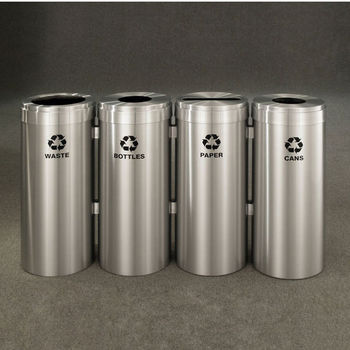 Glaro 4X RecyclePro Value Series Linear Modular 60 Gallon Capacity Connected Recycling Receptacle Stations, 12" Diameter Quadruple Unit (Bottle, Paper, Waste and Bottle) in Satin Aluminum Finish