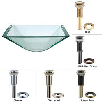 Kraus Aquamarine Square Clear Glass Sink with Pop-Up Drain & Mounting Ring, 16-1/2''W x 16-1/2''D x 6''H