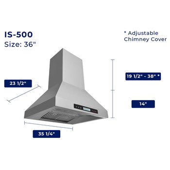 Hauslane Chef Series IS-500 36'' Convertible Ducted Stainless Steel Island Range Hood, Dimensions