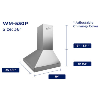 Hauslane WM-530P Series Range Hood, 36'' Range Hood Dimensions