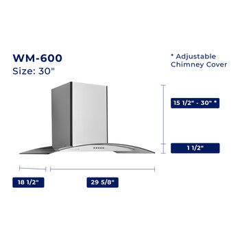 Hauslane WM-600 Series Range Hood, 30'' Range Hood Dimensions