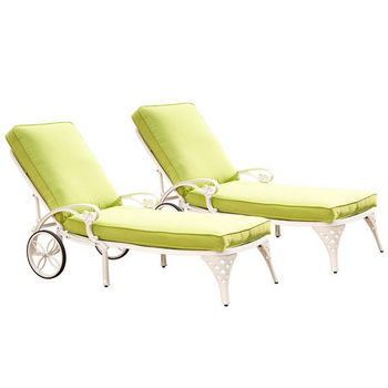 Home Styles Biscayne Chaise Lounge Chairs with Green Apple Cushions, White