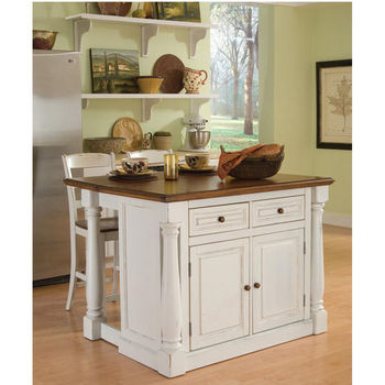 Home Styles Monarch Kitchen Island with Two Stools, Antique White Sanded Distressed Finish