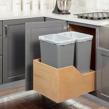 Hardware Resources Double 50 Quart (12.5 Gallon) Wood Bottom-Mount Soft-Close Trash Can Rollout for Hinged Doors, Includes Two Grey Cans, Minimum Cabinet Opening: 18'' W, Installed Angle View