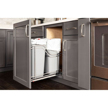 Hardware Resources Double 35 Quart (12.5 Gallon) Metal Trash Pullout, Polished Chrome Frame with Grey Cans, Door Mount with Soft-Close Slides, 15"W x 21-13/16"D x 19-13/16"H