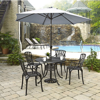 Home Styles Largo Collection 42'' Diameter 5-Piece Outdoor Dining Set w/ Umbrella (Includes: (1) Round Table, (4) Arm Chairs, (1) Umbrella and (1) Umbrella Stand), Charcoal Finish