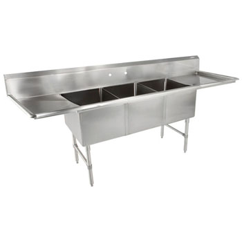 John Boos B-Series Compartment Three Bowl Sink in Multiple Sizes with Left and Right Drainboards, 16-Gauge