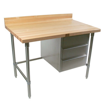 John Boos Stainless Steel Bakers Table with 3-Drawer Tier and 1-3/4" Hard Maple Top with 4" Coved Back Riser