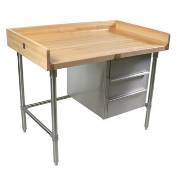 John Boos Stainless Steel Bakers Table with 3-Drawer Tier and 1-3/4" Hard Maple Top with 4" Coved Back & Sides Riser