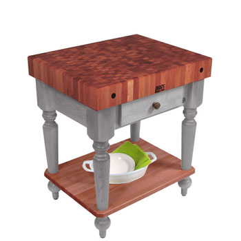John Boos Rustica Kitchen Island with 4" Thick Cherry End Grain Top, Useful Gray, 30"W, 1 Drawer & Shelf