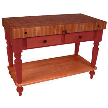 John Boos Rustica Kitchen Island with 4" Thick Cherry End Grain Top, Barn Red, 48"W, 2 Drawers & Shelf