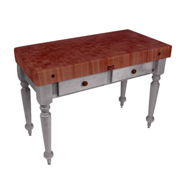 John Boos Rustica Kitchen Island with 4" Thick Cherry End Grain Top, Useful Gray, 48"W, 2 Drawers