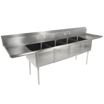 John Boos E-Series Compartment Four Bowl Sink in Multiple Sizes with Left and Right Drainboards, 18-Gauge Stainless Steel
