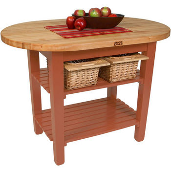John Boos Elliptical C-Table Kitchen Island, Cherry Stain Base with 1-3/4" Thick Hard Rock Maple Top, (2) Slatted Wood Shelves and Casters, 48" W x 30" D, Boos Block Cream w/Beeswax Finish