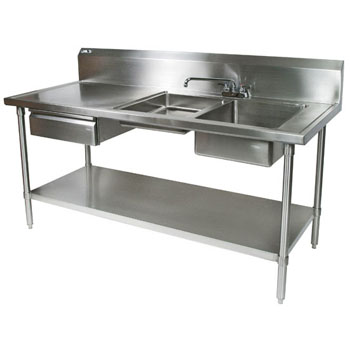 John Boos Commercial Prep Table Double Bowl Right Sink in Multiple Sizes with 10" Backsplash, 16-Gauge Stainless Steel, Knockdown