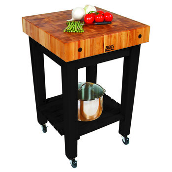 John Boos Gourmet Block 4" Thick Northern Hard Rock Maple End Grain Top with Slatted Shelf, Casters, and Caviar Black Base, 24" W x 24" D x 36" H