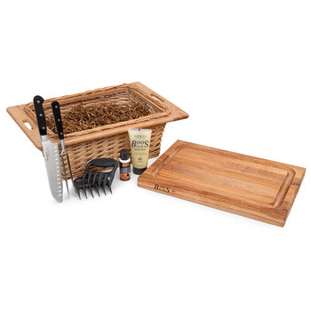 John Boos Grill Master Basket Gift Pack, 7-Piece with BBQBD Northern Hard Rock Maple Cutting Board with Juice Groove, Included Items View
