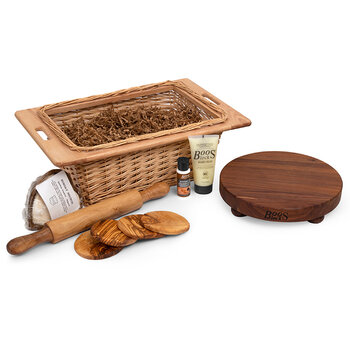 John Boos Home Decor Basket Gift Pack, 10-Piece with American Black Walnut Cutting Board with Bun Feet, Included Items View