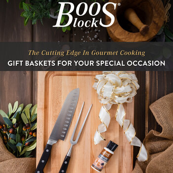 John Boos Home Decor Basket Gift Pack, 10-Piece with American Black Walnut Cutting Board with Bun Feet, Gift Basket for All Occasion