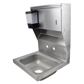 John Boos Pro Bowl Fabricated Space Saver Wall Mount Hand Sink with Soap & Paper Towel Dispenser, Stainless Steel, Splash Mount Faucet Holes with 4" On-Center Spread (Faucet Not Included), 14"W x 10"D x 5"H, 3-1/2" Drain