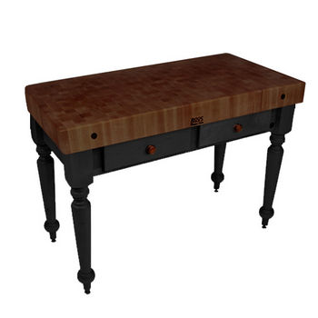 John Boos Rustica Kitchen Island with 4" Thick Walnut End Grain Top, Black, 48"W, 2 Drawers