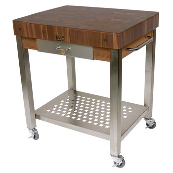 John Boos Cucina Technica Kitchen Cart with 4" Thick American Black Walnut End Grain Butcher Block Top and Drawer, 30" W x 24" D x 35" H