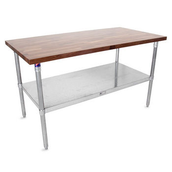 John Boos 1-1/2" Thick Walnut Top Work Table with Galvanized Base & Under Shelf, Varnique Finish